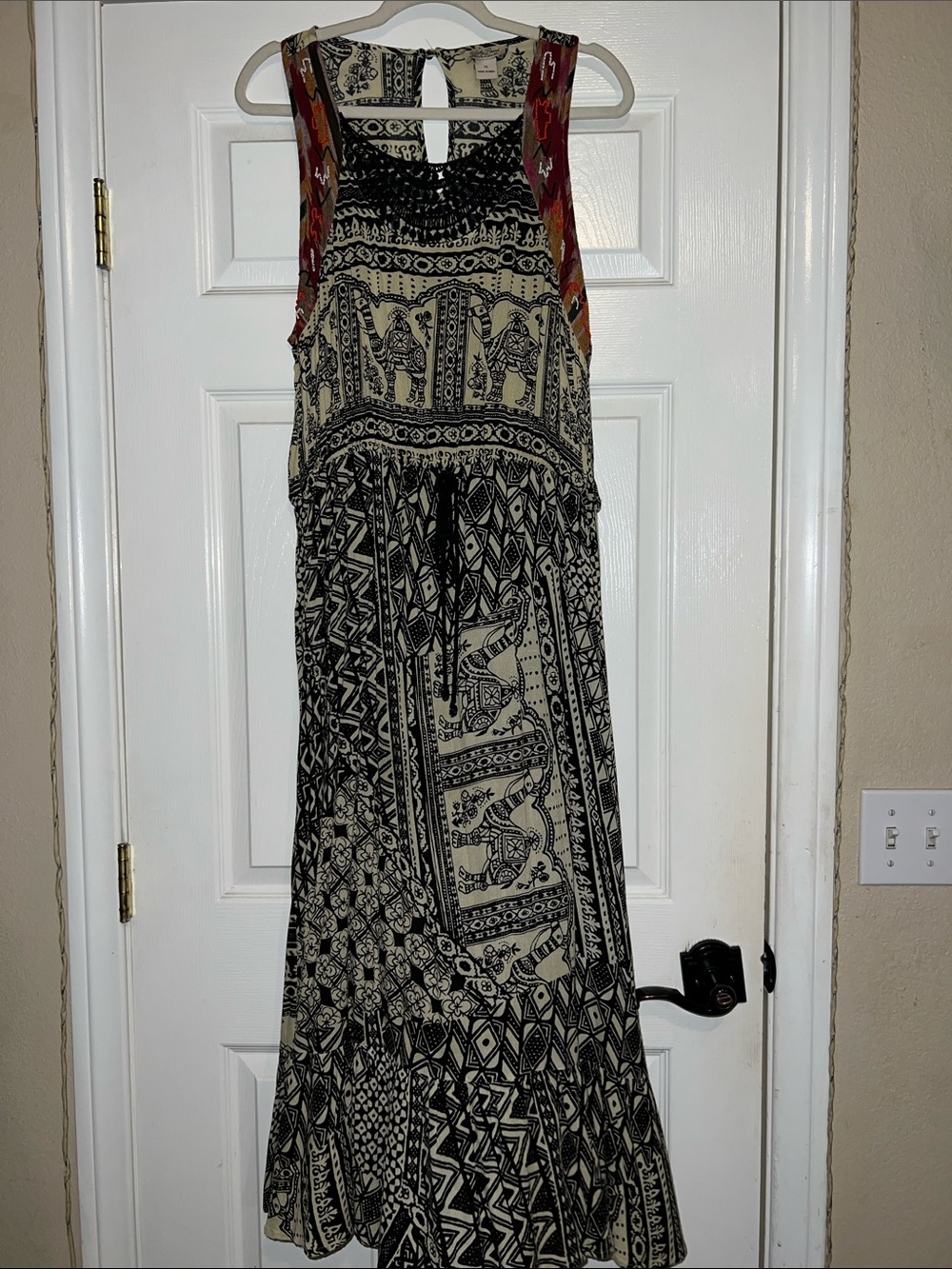 Lucky Brand-Black and Cream Printed Maxi Dress with Beaded Accent